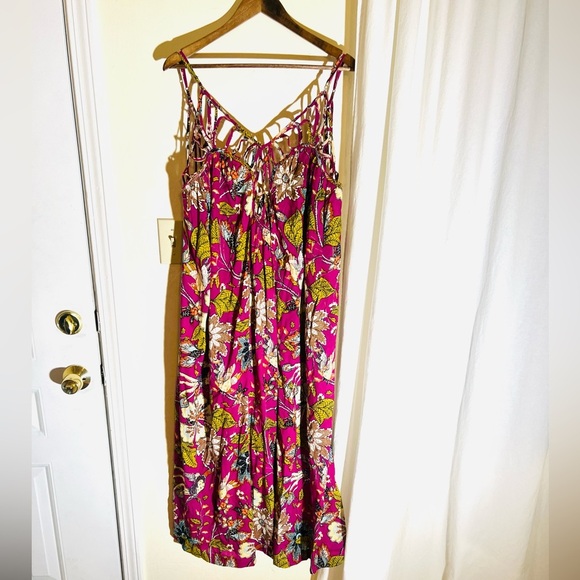 Anthropologie Bird Floral Maxi Dress Boho Magenta Strappy Cutout Pink Size 2X - Picture 2 of 12